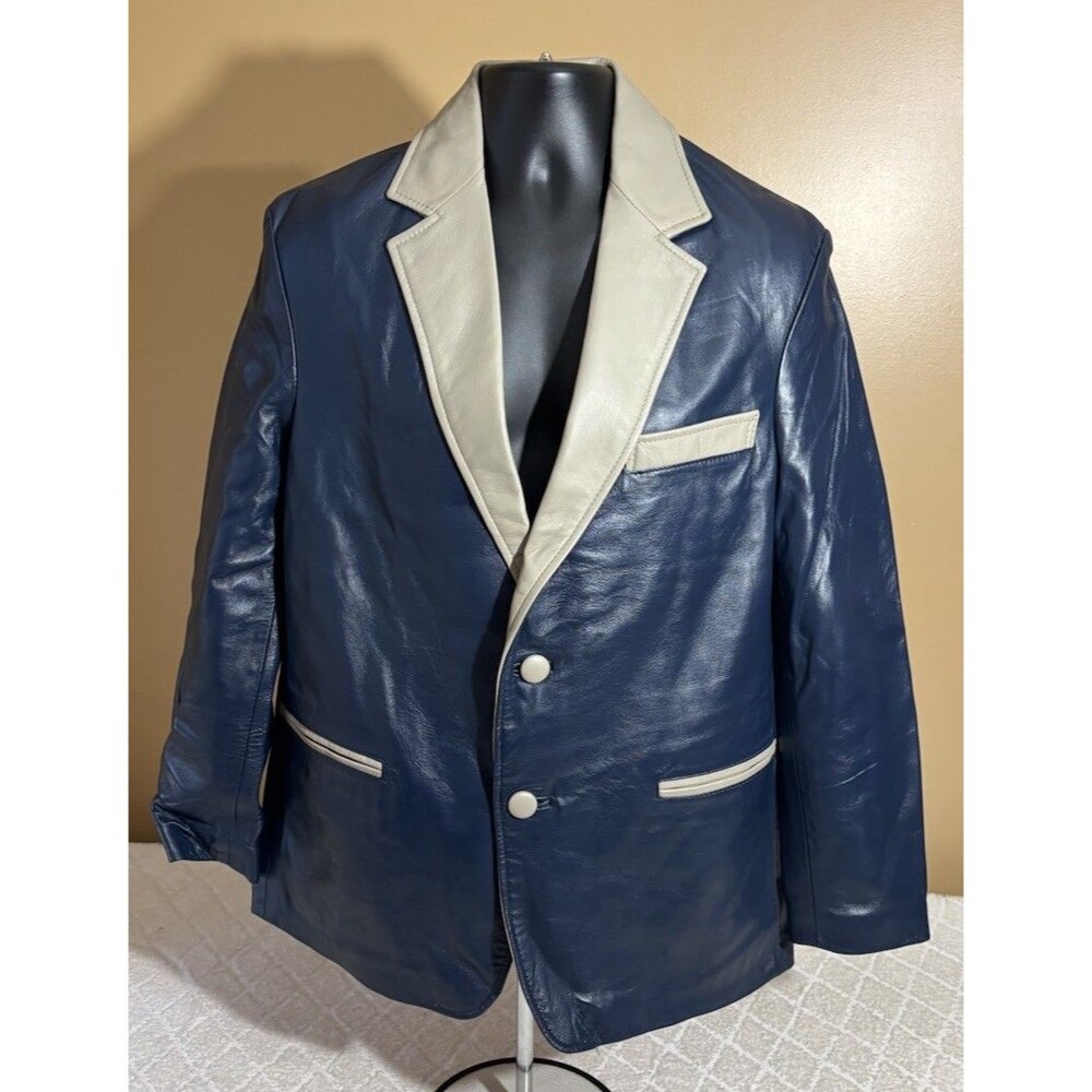 VTG F.G Fermin Blue Tan Western Style Leather Jacket USA Made Collared Size 40